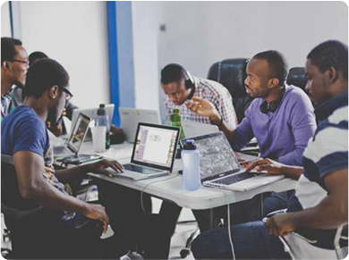 Woman working on laptop in modern office